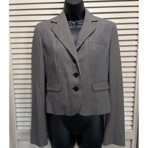 Ann Taylor LOFT Collar V-Neck Black/White Tiny‎ Houndstooth Button Blazer Sz 2